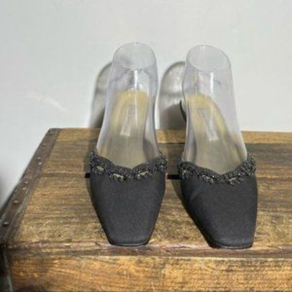 VINTAGE ANN MARINO black square toe eyelet bead detail cut out heel mule US 7.5M - Picture 2 of 5